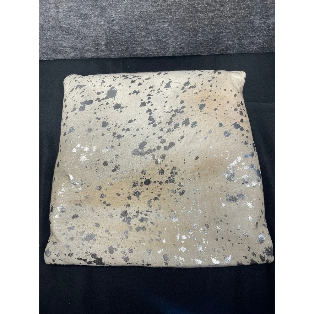 Genuine Cowhide Leather Pillow Cover 18x18 Beige Silver Metallic Acid Wash Sham